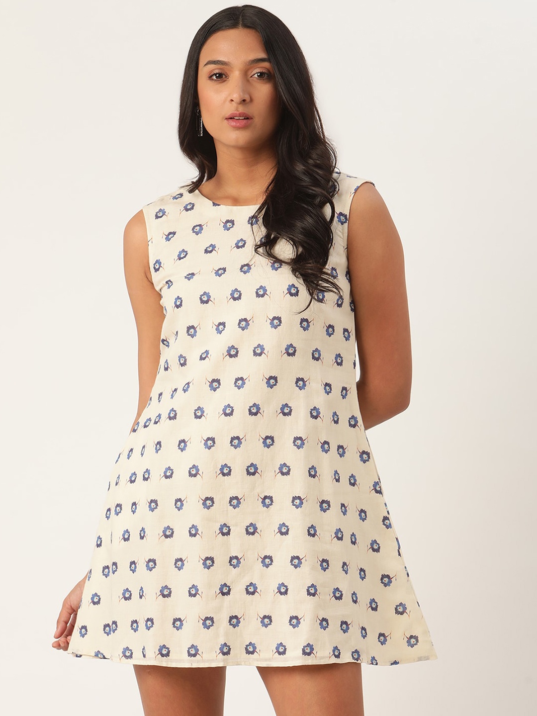 

ROOTED Women Beige Floral Printed A-Line Dress