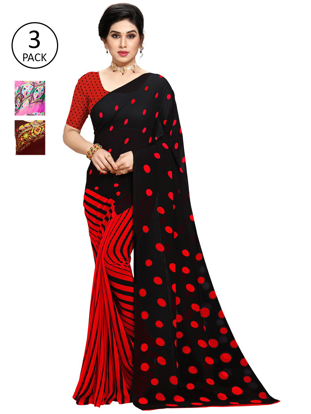 

KALINI Pink & Black Pack of 3 Printed Sarees