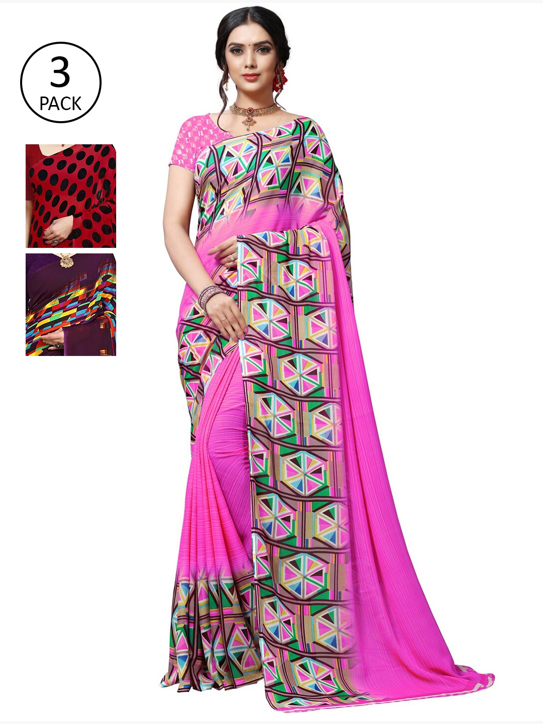 

KALINI Multicoloured Set of 3 Poly Georgette Saree, Multi