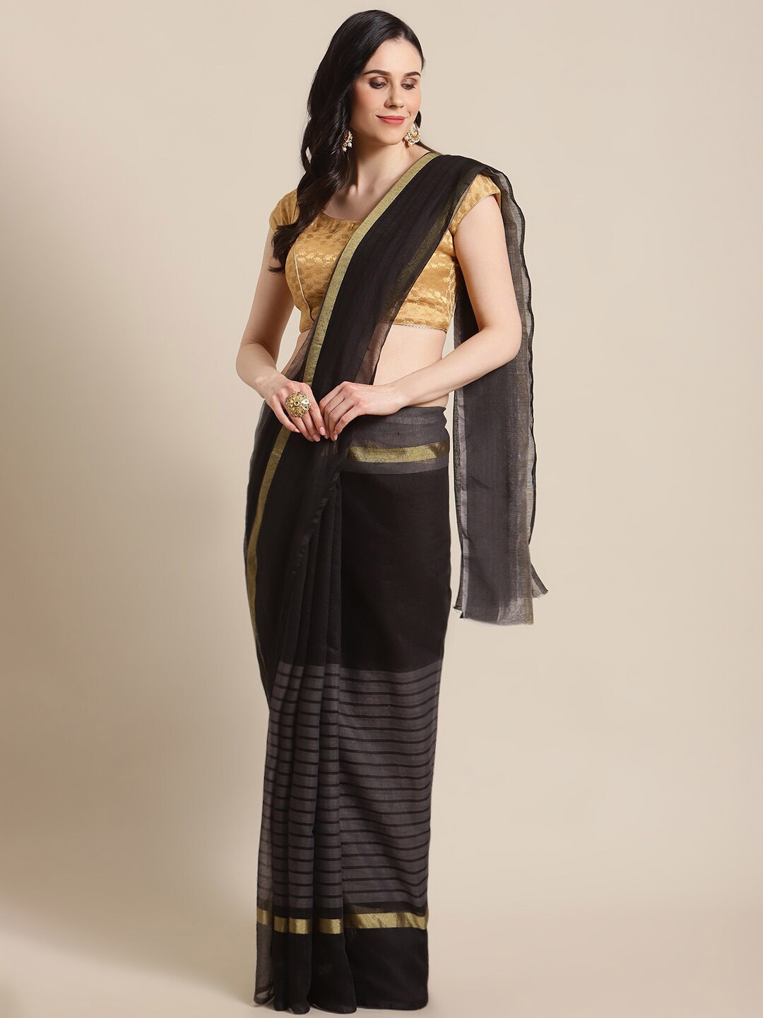 

KALINI Black & Grey Striped Ready to Wear Saree