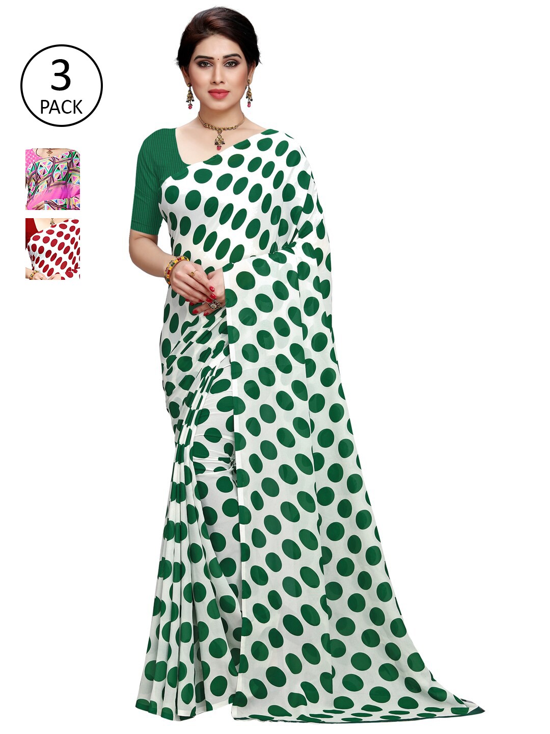 

KALINI White & Green Pack of 3 Printed Saree