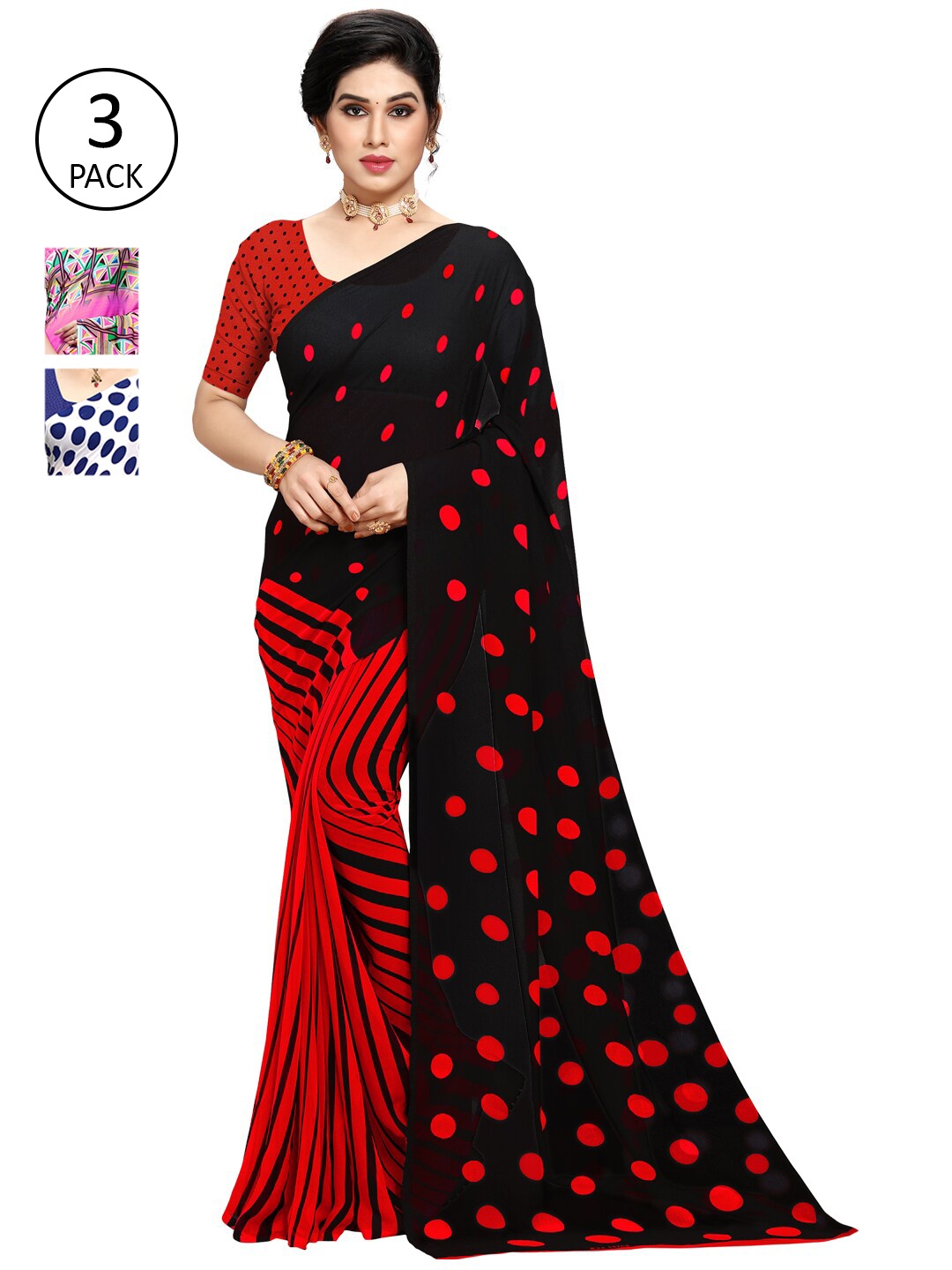 

KALINI Pink & Black Pack of 3 Saree