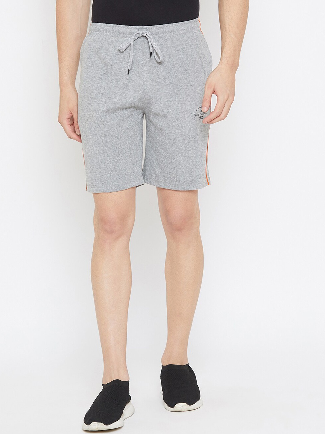 

Duke Men Grey Melange Solid Cotton High-Rise Shorts with Printed & Side Striped Detail