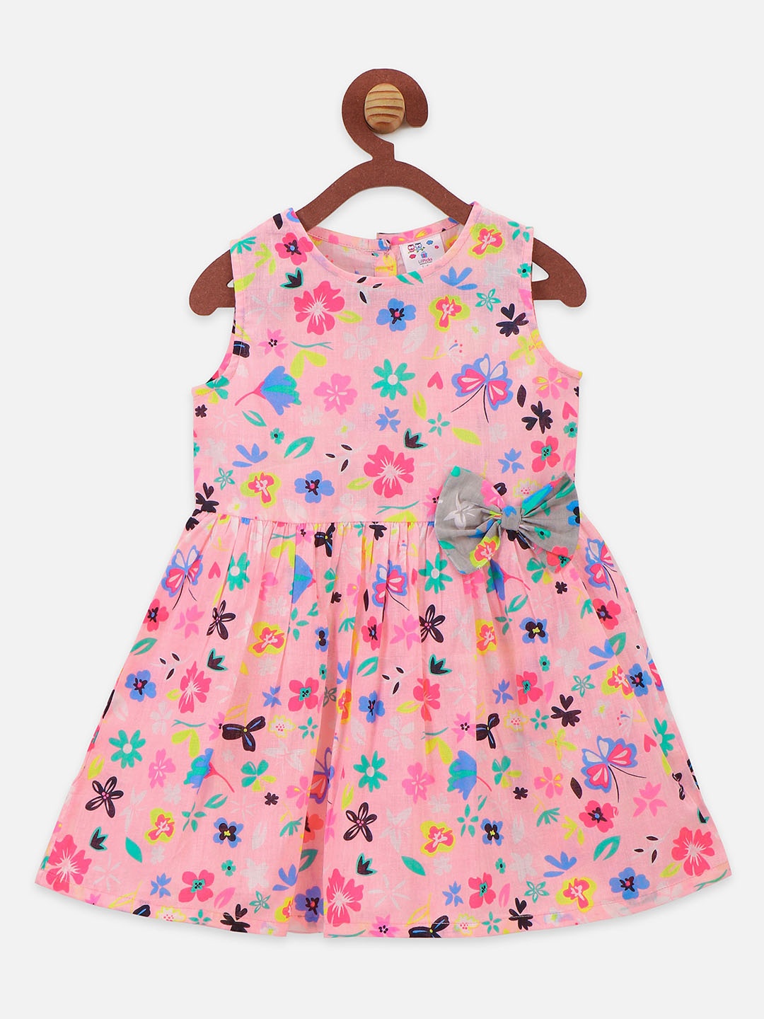 

LilPicks Girls Pink Floral Printed Bow Dress