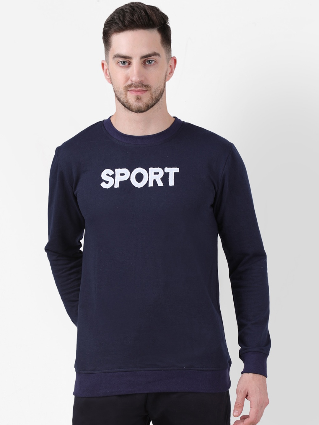 

PAUSE SPORT Men Navy Blue Solid Cotton Antimicrobial Pullover Sweatshirt