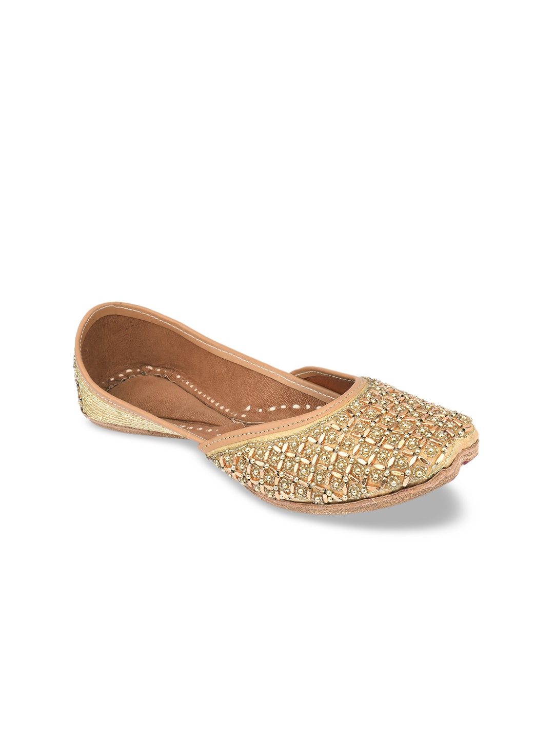 

DESI COLOUR Women Gold Toned Handcrafted Ethnic Embellished Leather Mojaris Flats