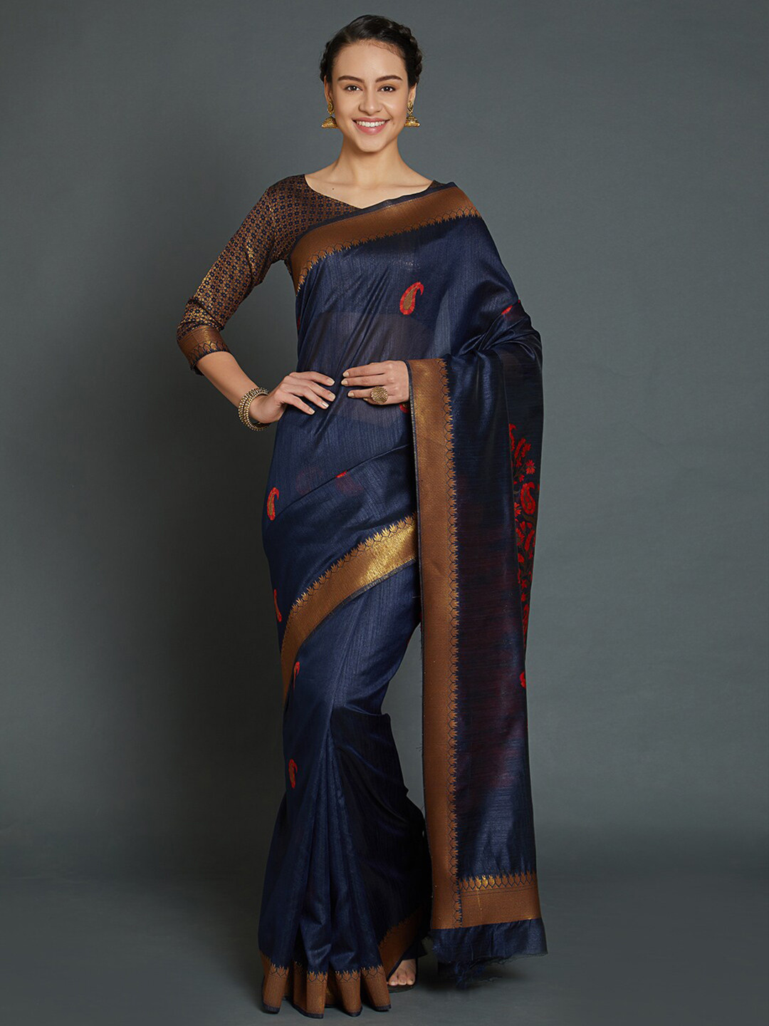 

Mitera Navy Blue & Red Paisley Silk Blend Banarasi Saree