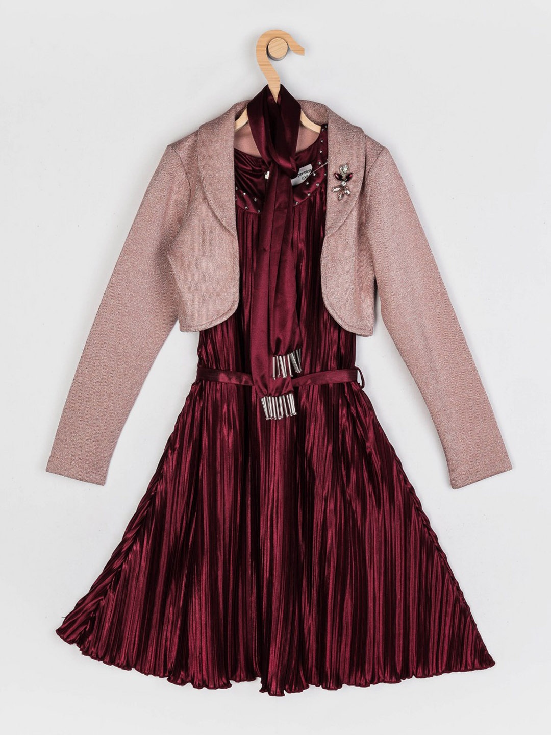 

Peppermint Maroon Solid Accordion Pleat Satin Fit & Flare Dress With Shrug