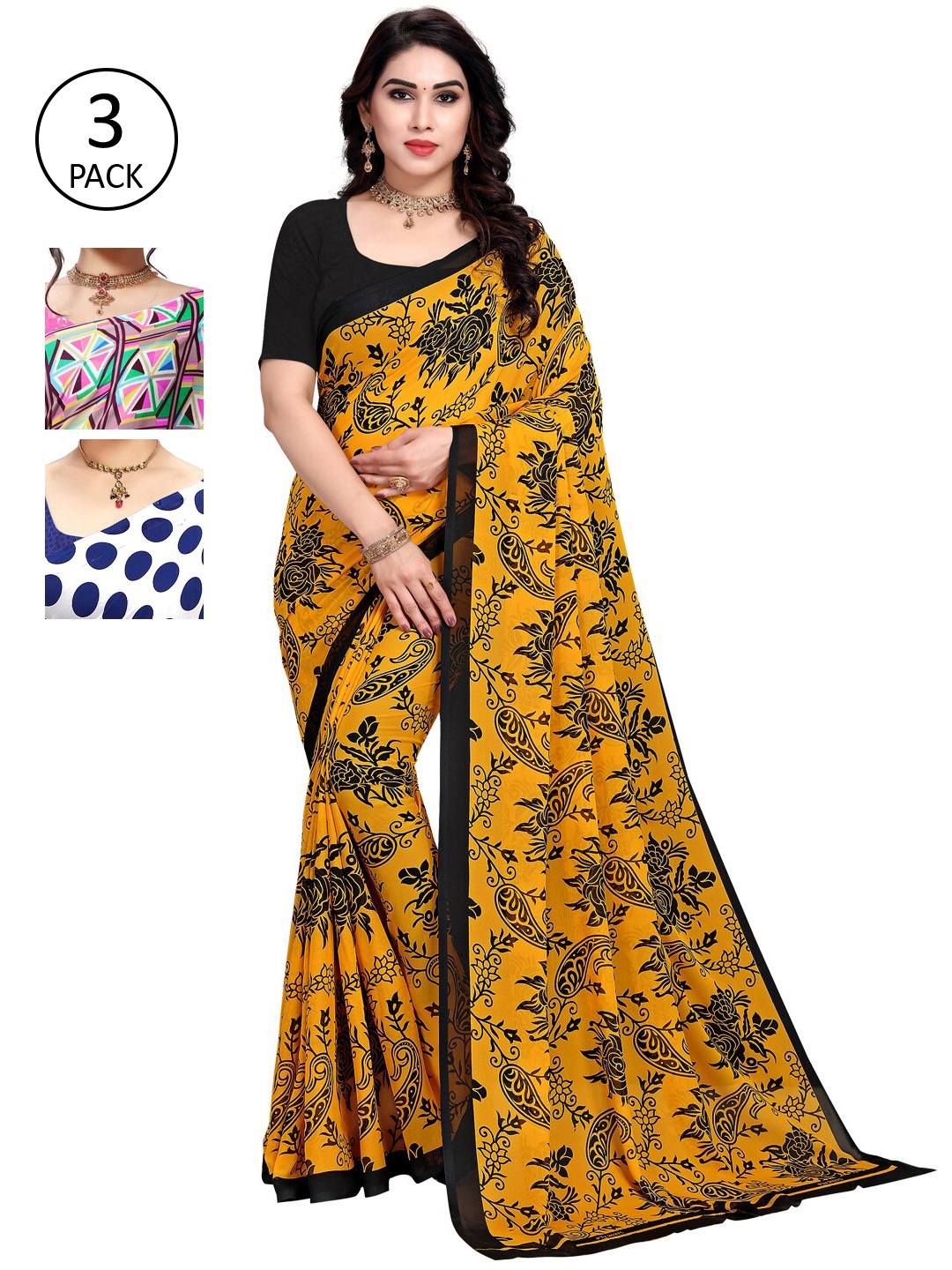 

KALINI Pack Of 3 White & Yellow Floral Saree