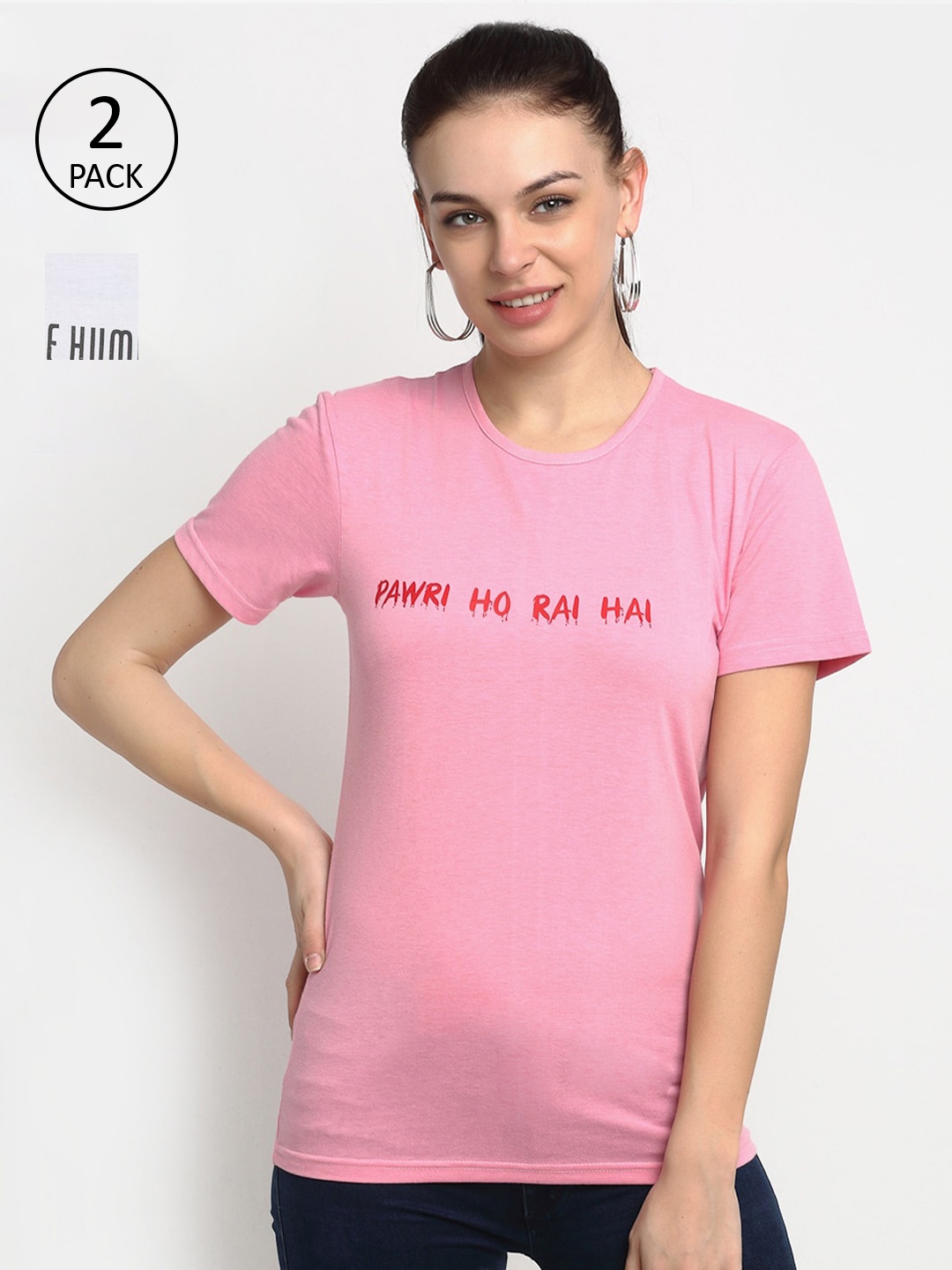 

VIMAL JONNEY Women Pack of 2 Typography Printed Casual T-shirt, Pink