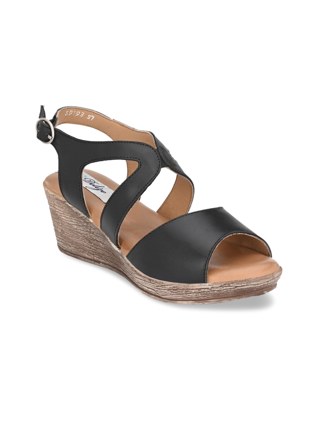 

Delize Black Lightweight Leather Peep Toe Wedge Sandals With Buckles