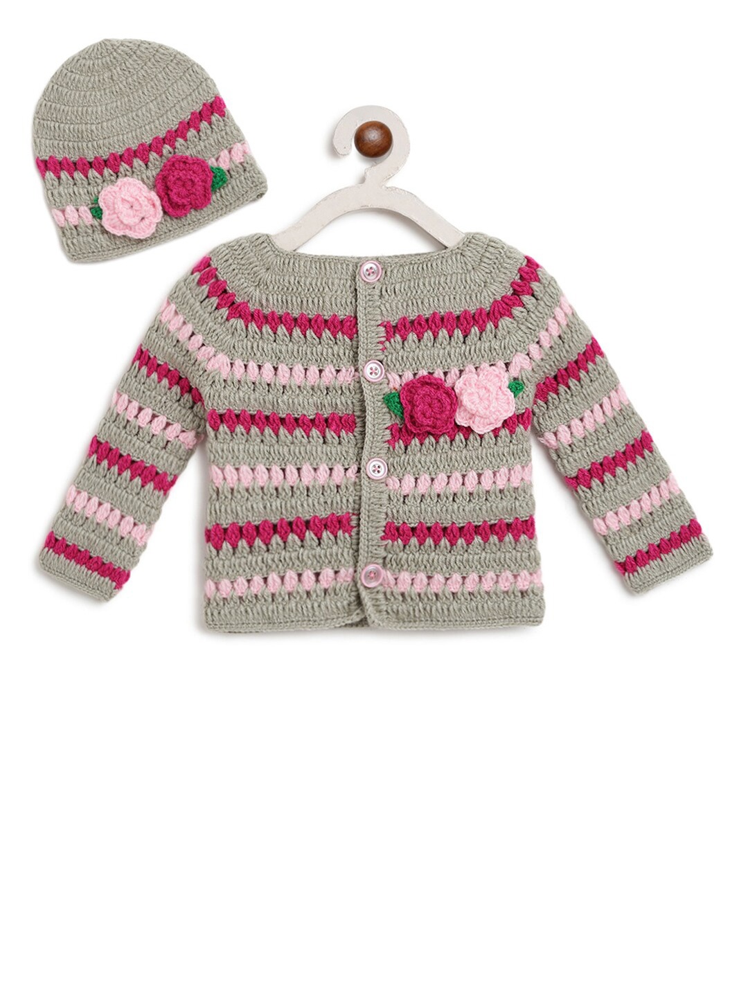 

CHUTPUT Kids Grey & Pink Cable Knit Cardigan with Beanie