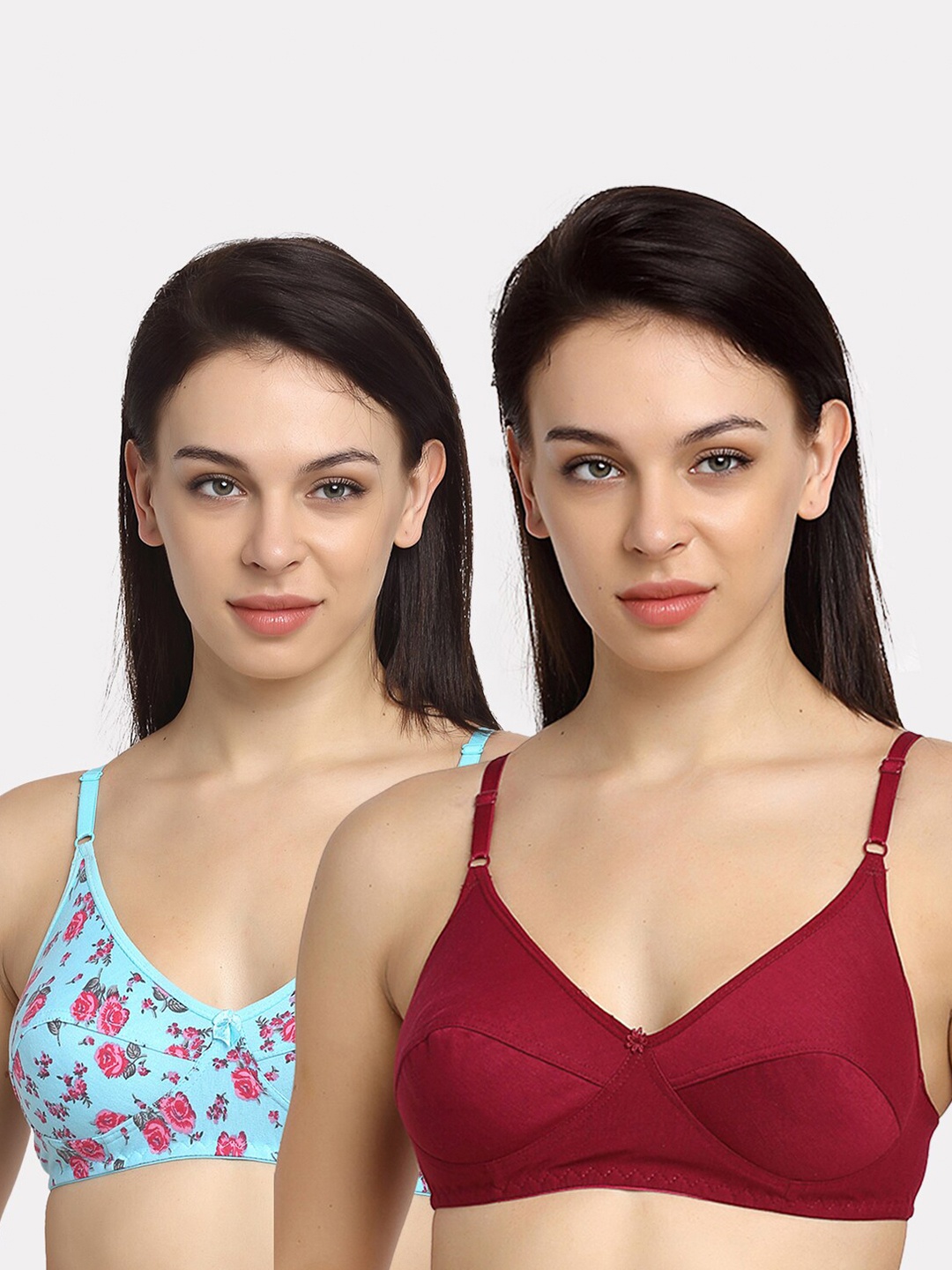 

Friskers Pack of 2 Turquoise Blue & Maroon Floral Everyday Bra Full Coverage