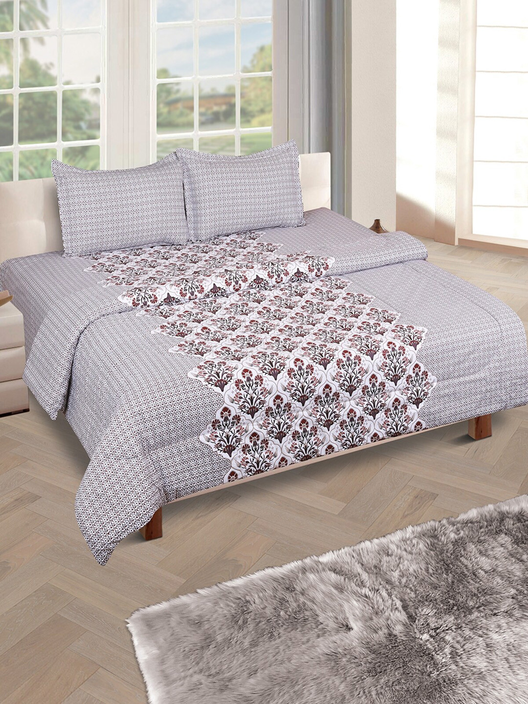 

ROMEE White & Maroon Floral Printed Damask Cotton Double King Bedding Set