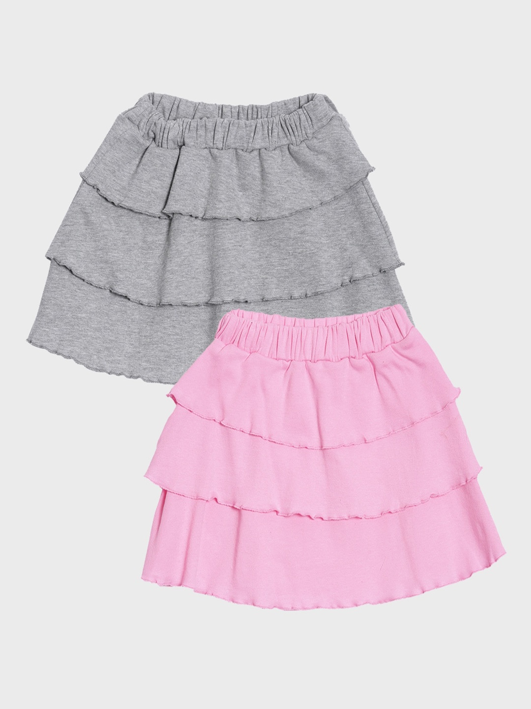 

Kryptic Girls Solid Pure Cotton Ruffle Knee Length Skirt Pack Of 2, Grey melange