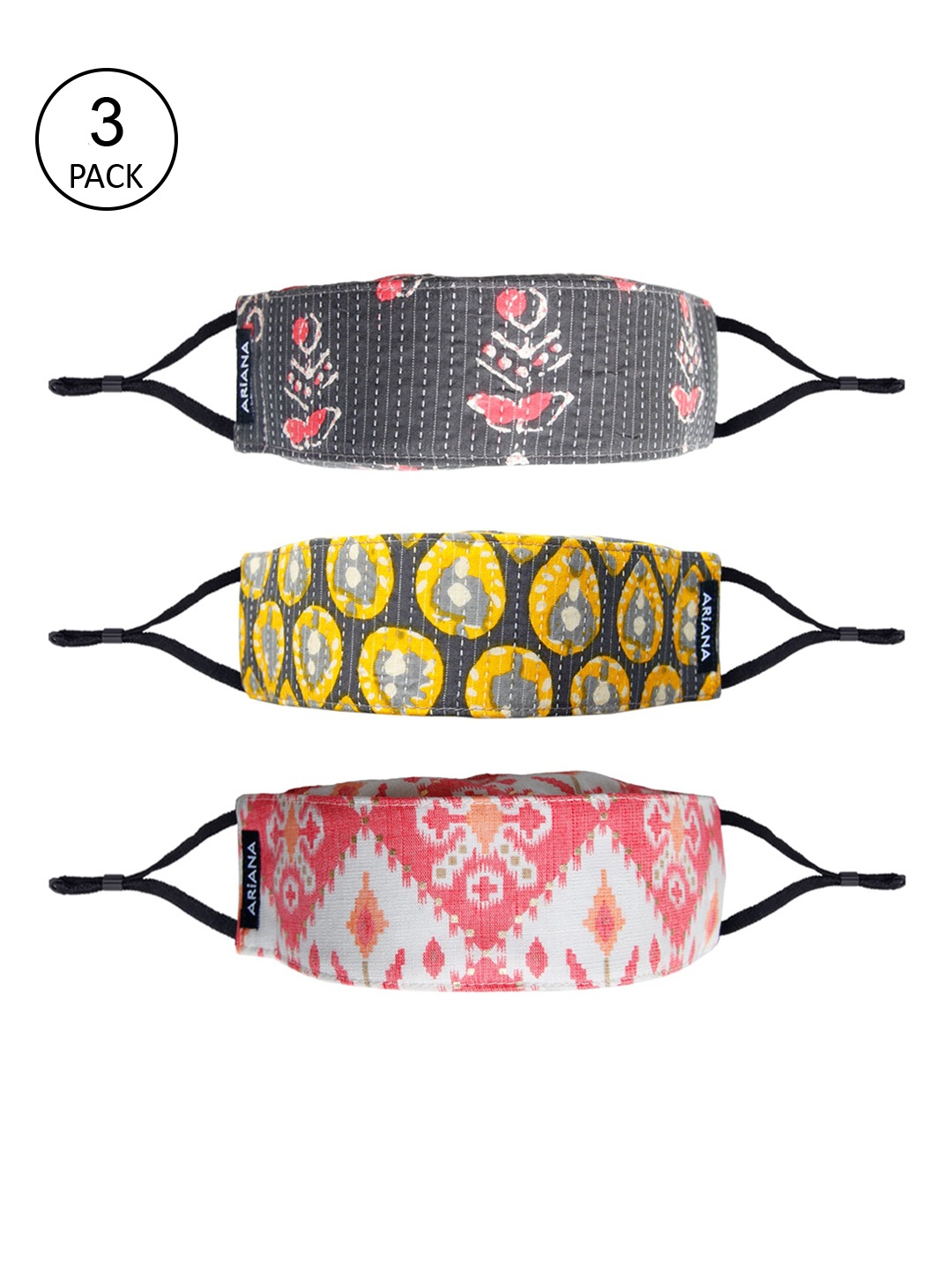 

Ariana Unisex Pack Of 3 Printed Cotton 7-Ply 3D Reusable Cloth Face Masks, Grey