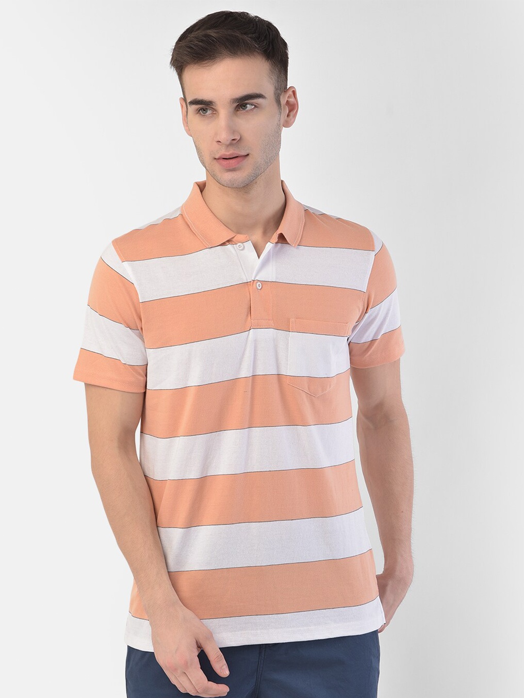 

COBB Men Peach Striped Polo Collar T-shirt
