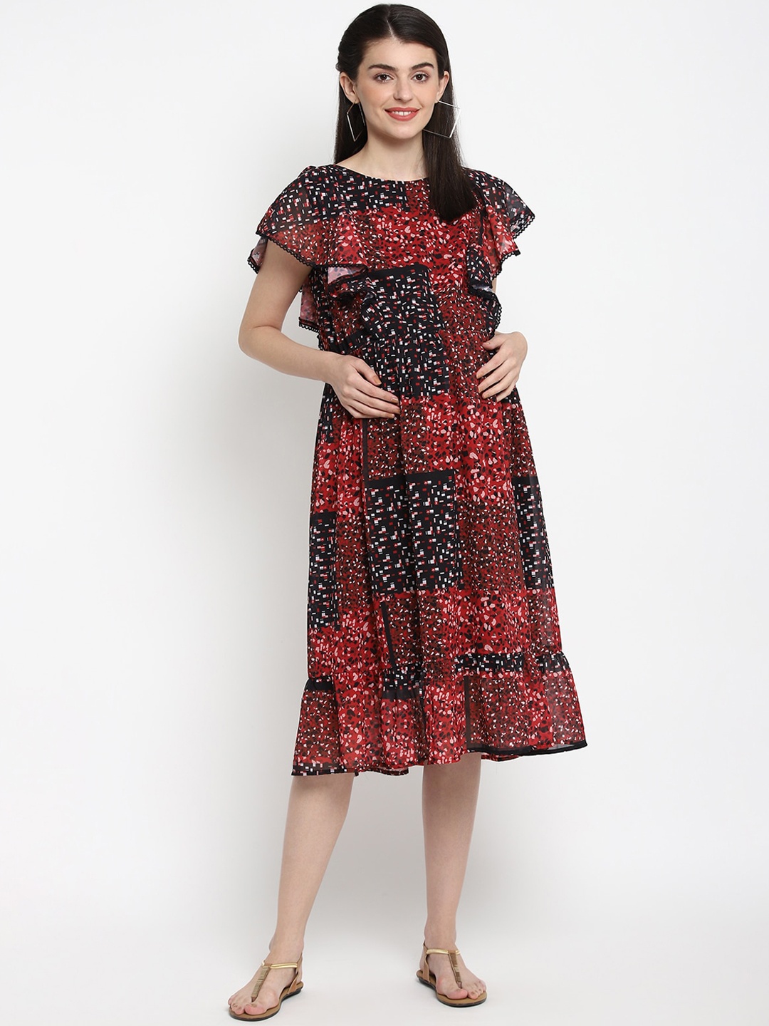 

The Vanca Women Cotton Red Printed Maternity Midi Dress