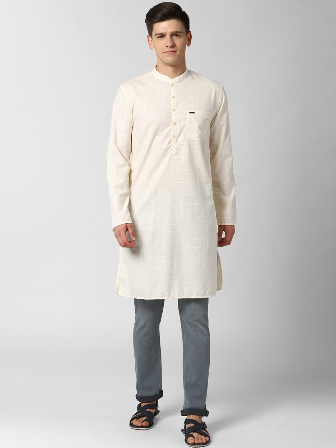 

Peter England Men Cream Woven Designed Straight Regular Kurta