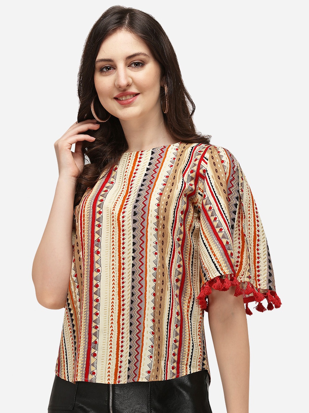 

OM SAI LATEST CREATION Women Beige Geometric Printed & Tassel Detailed Regular Top