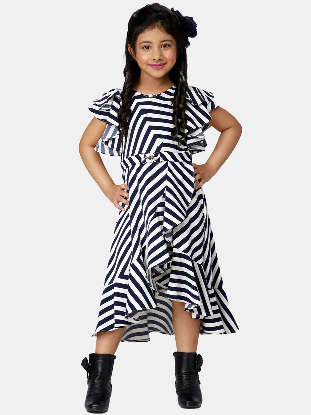 

Peppermint Girls Navy Blue & White Striped Satin Fit & Flare Dress