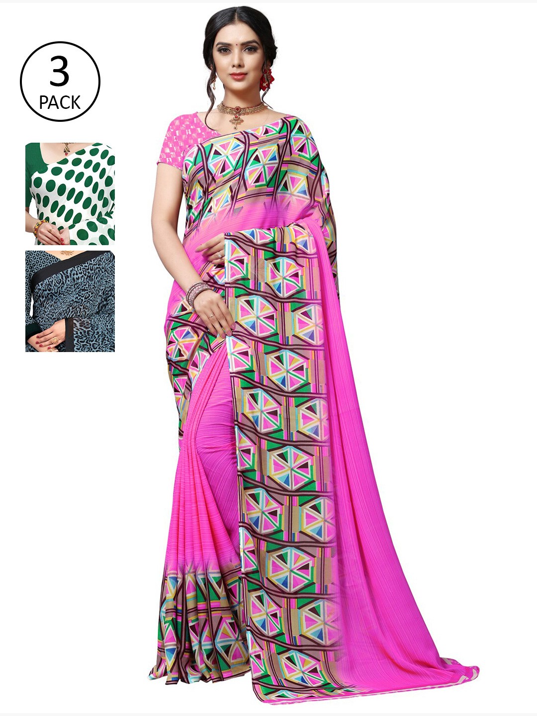 

KALINI Pack of 3 Poly Georgette Saree, White