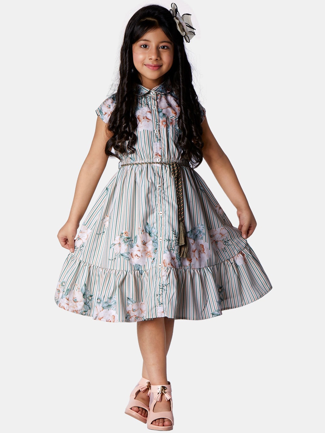 

Peppermint Girls Green & Blue Striped Floral Pure Cotton Shirt Dress