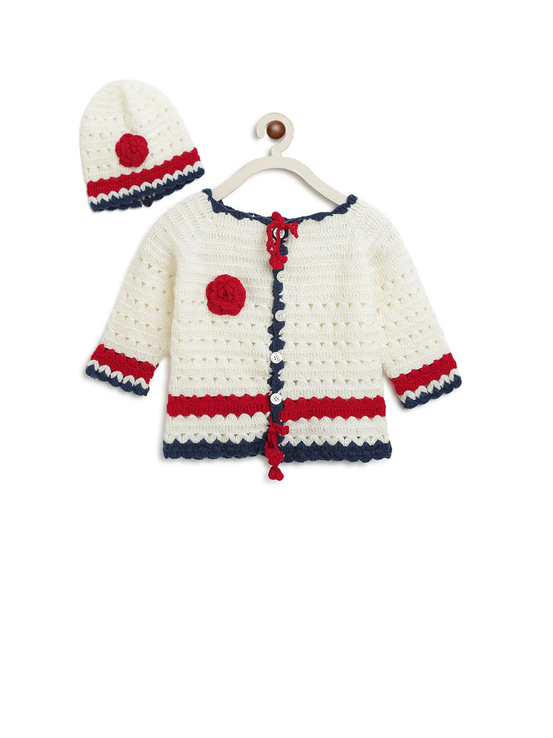 

CHUTPUT Unisex Kids Cream-Coloured & Maroon Cable Knit Woolen Cardigan