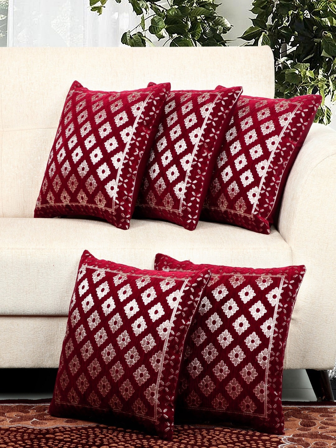 BELLA TRUE Maroon Set of 5 Ethnic Motifs Square Cushion Covers