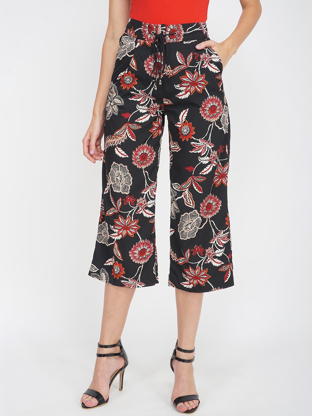 

Oxolloxo Women Black Floral Printed High-Rise Culottes Trousers