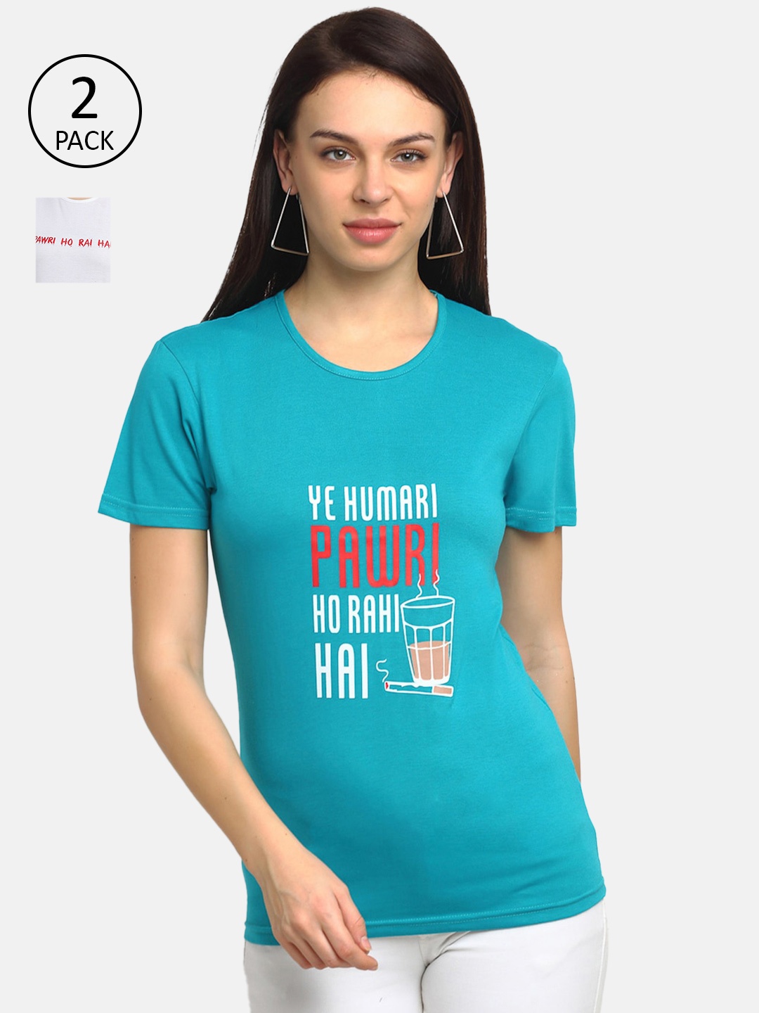 

MACK JONNEY Women Pack Of 2 Teal Blue & White Typography Printed T-shirt