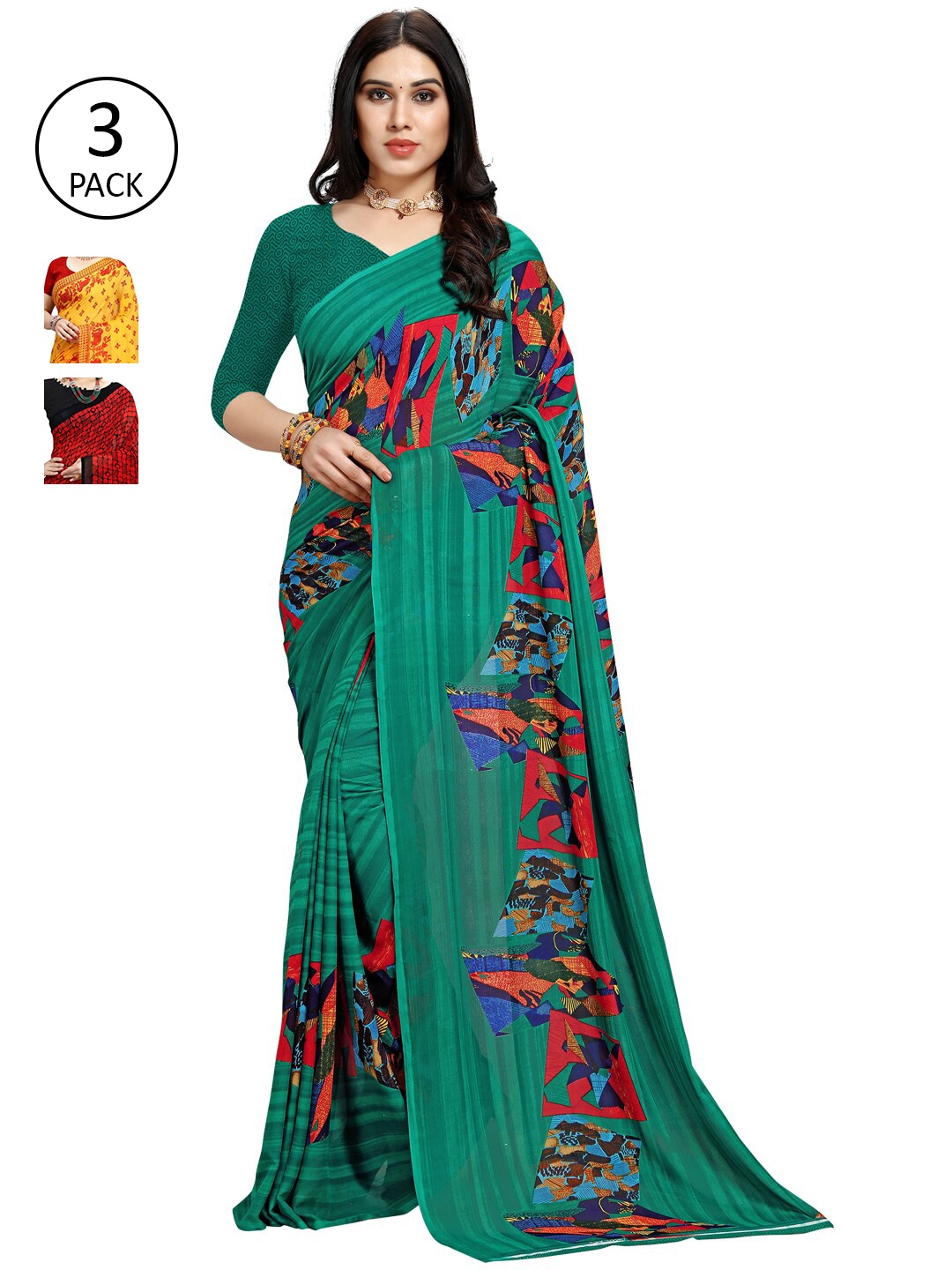 

KALINI Pack Of 3 Yellow & Red Ethnic Motifs Sarees