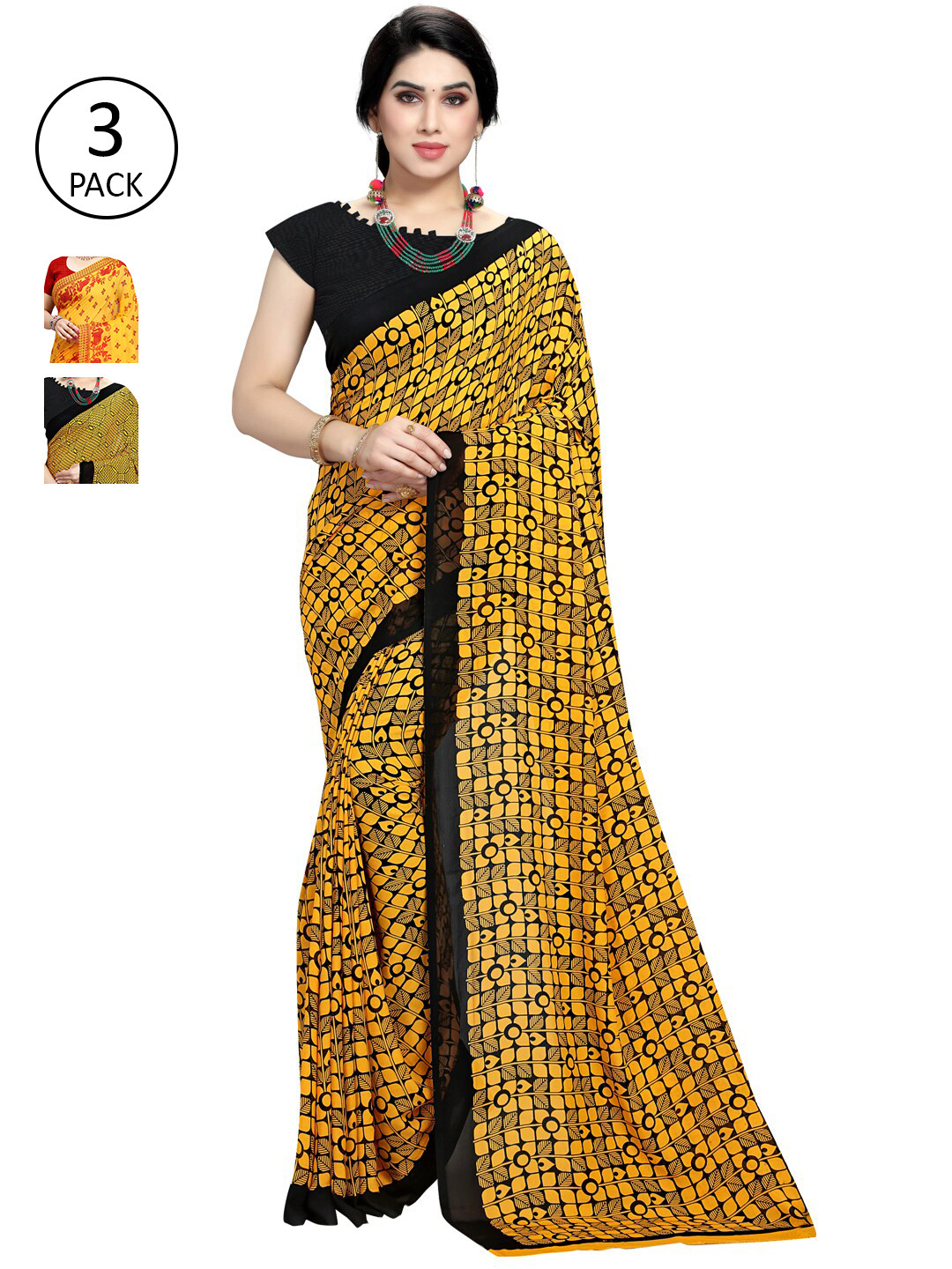 

KALINI Women Pack Of 3 Yellow & Red Ethnic Motifs Saree