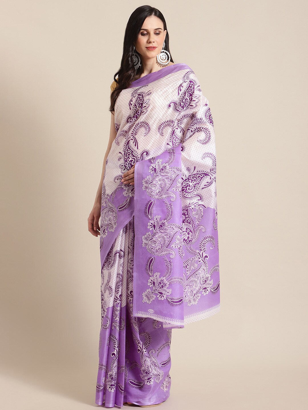

KALINI Purple & White Half and Half Block Print Saree