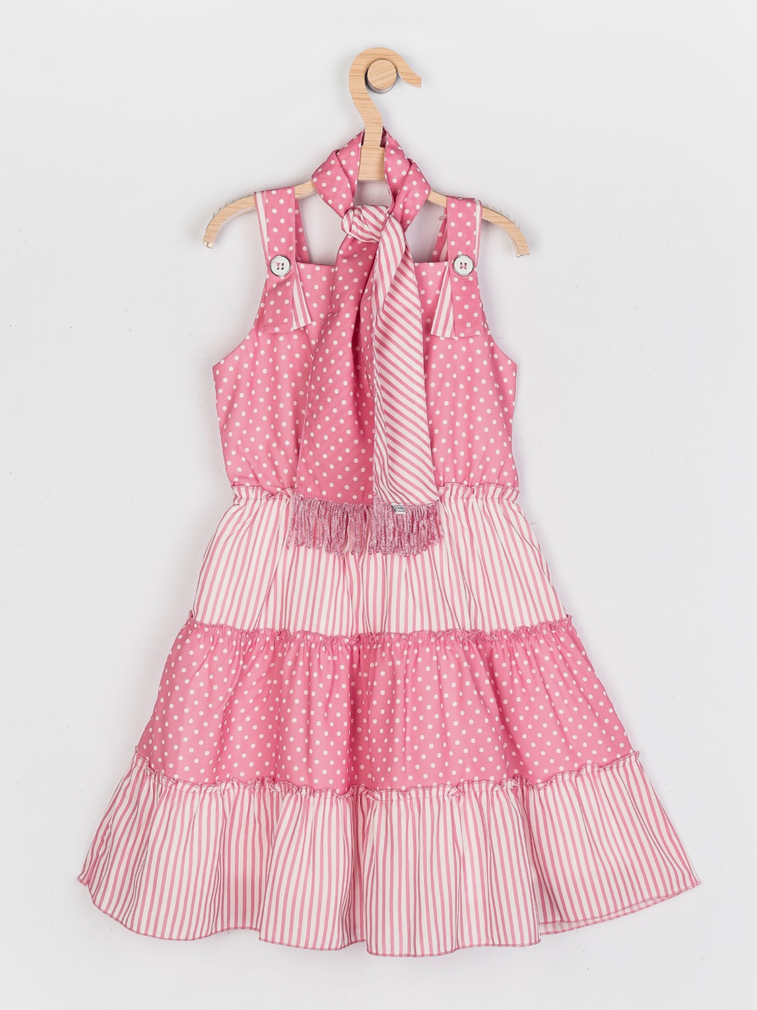 

Peppermint Pink & White Polka Dots Printed Tiered Dress with matching Fringed Scarf