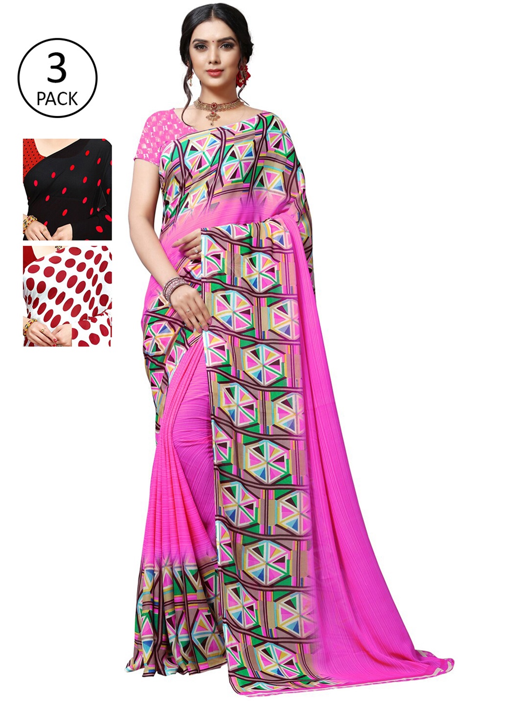

KALINI Pink & White Pack of 3 Printed Sarees