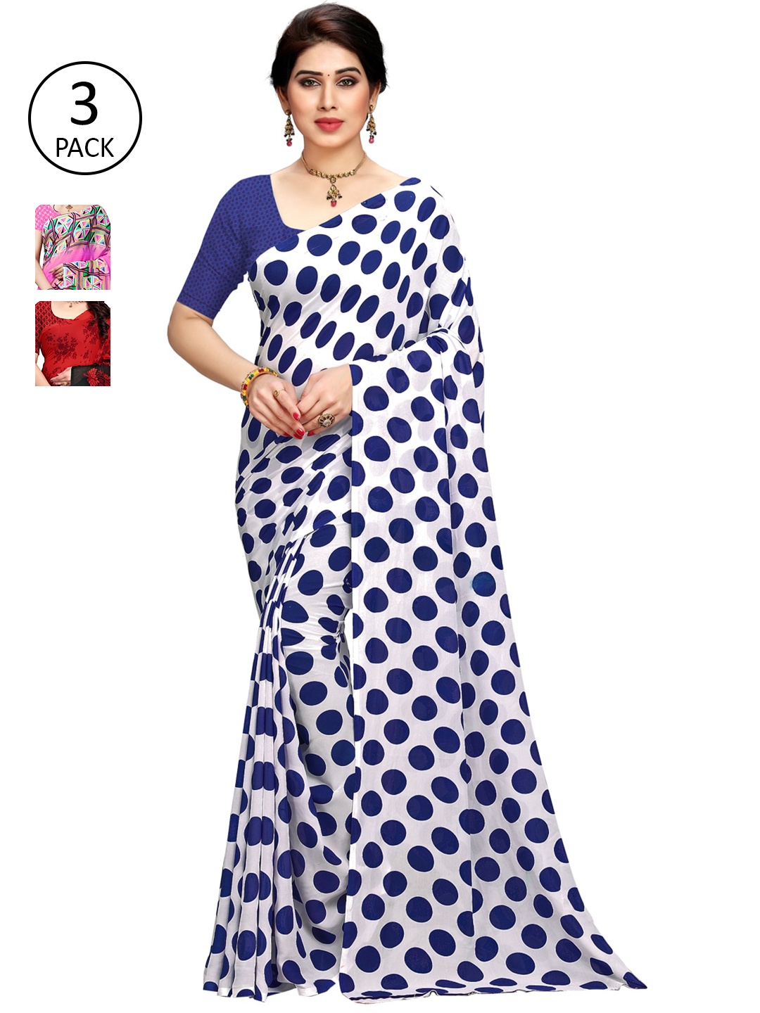 

KALINI Pink & White Pack of 3 Printed Sarees