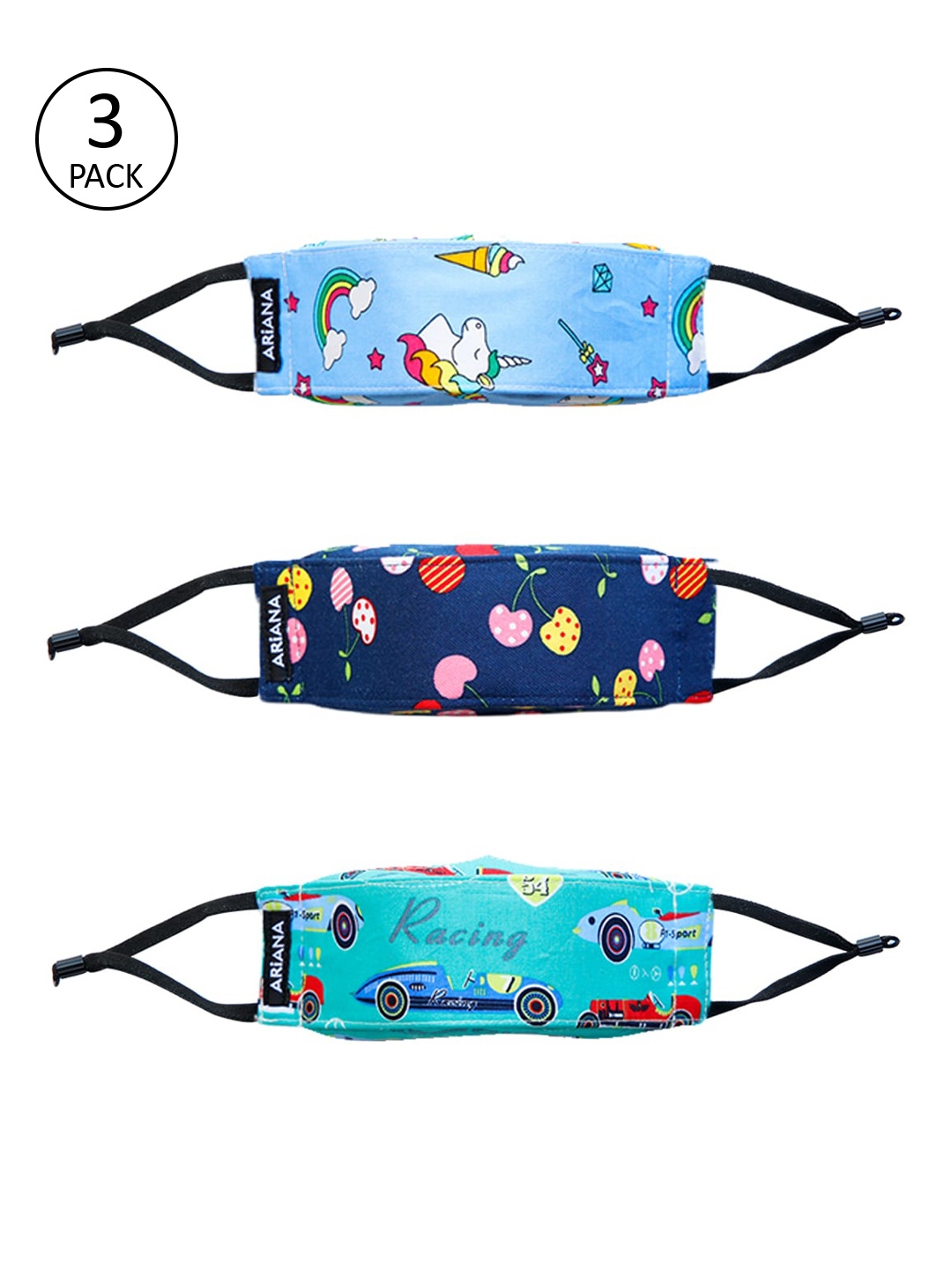 

Ariana Kids Pack Of 3 7-Ply 3D Cotton Reusable Cloth Face Masks, Blue