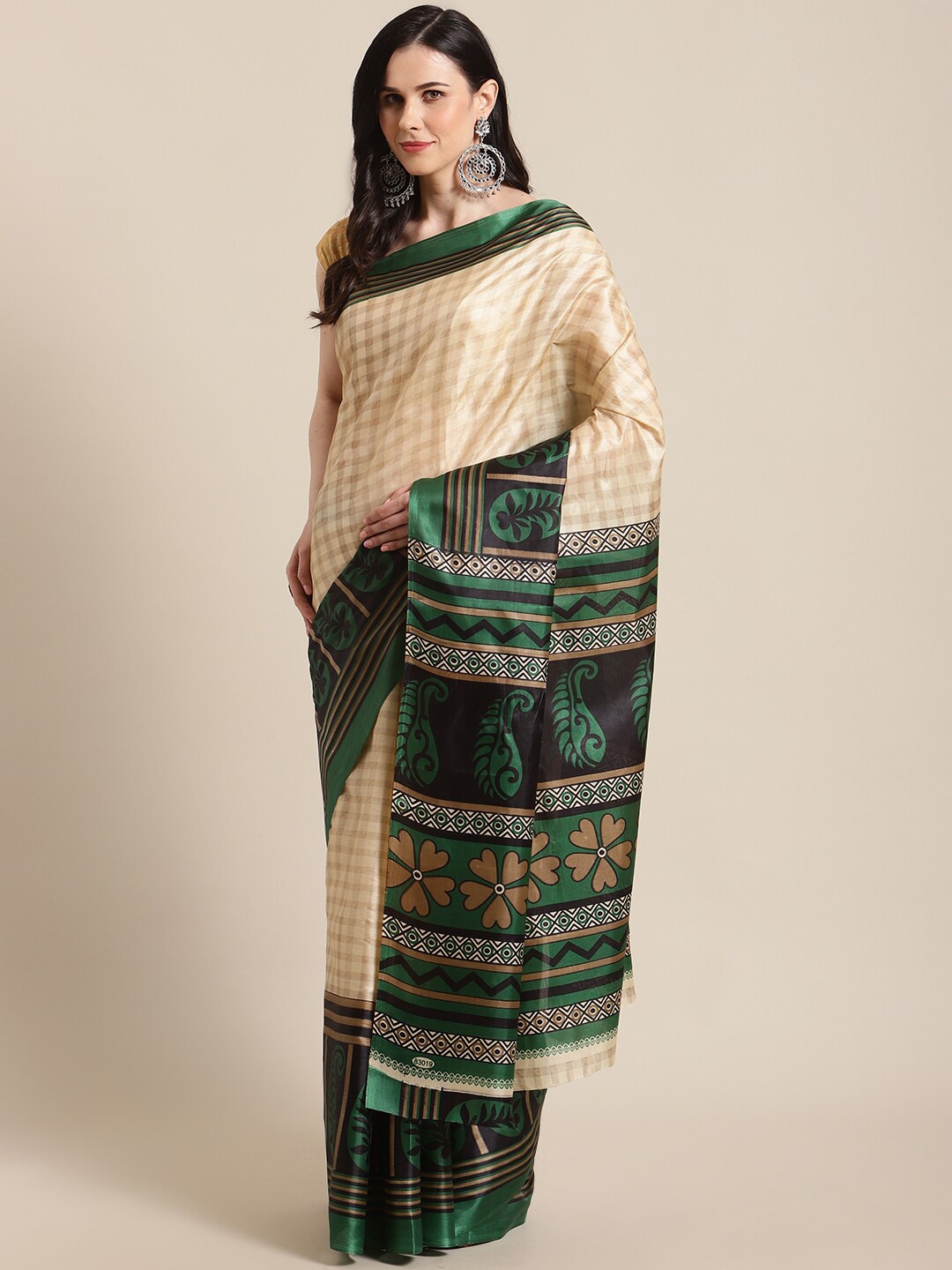 

KALINI Green & Cream-Coloured Checked Poly Silk Saree