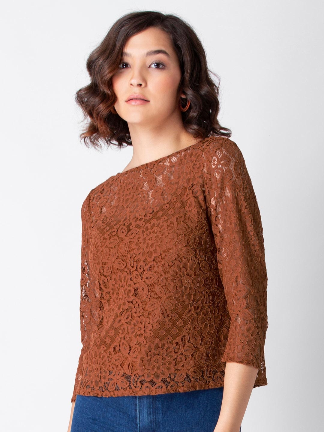 

FabAlley Brown Lace Regular Top