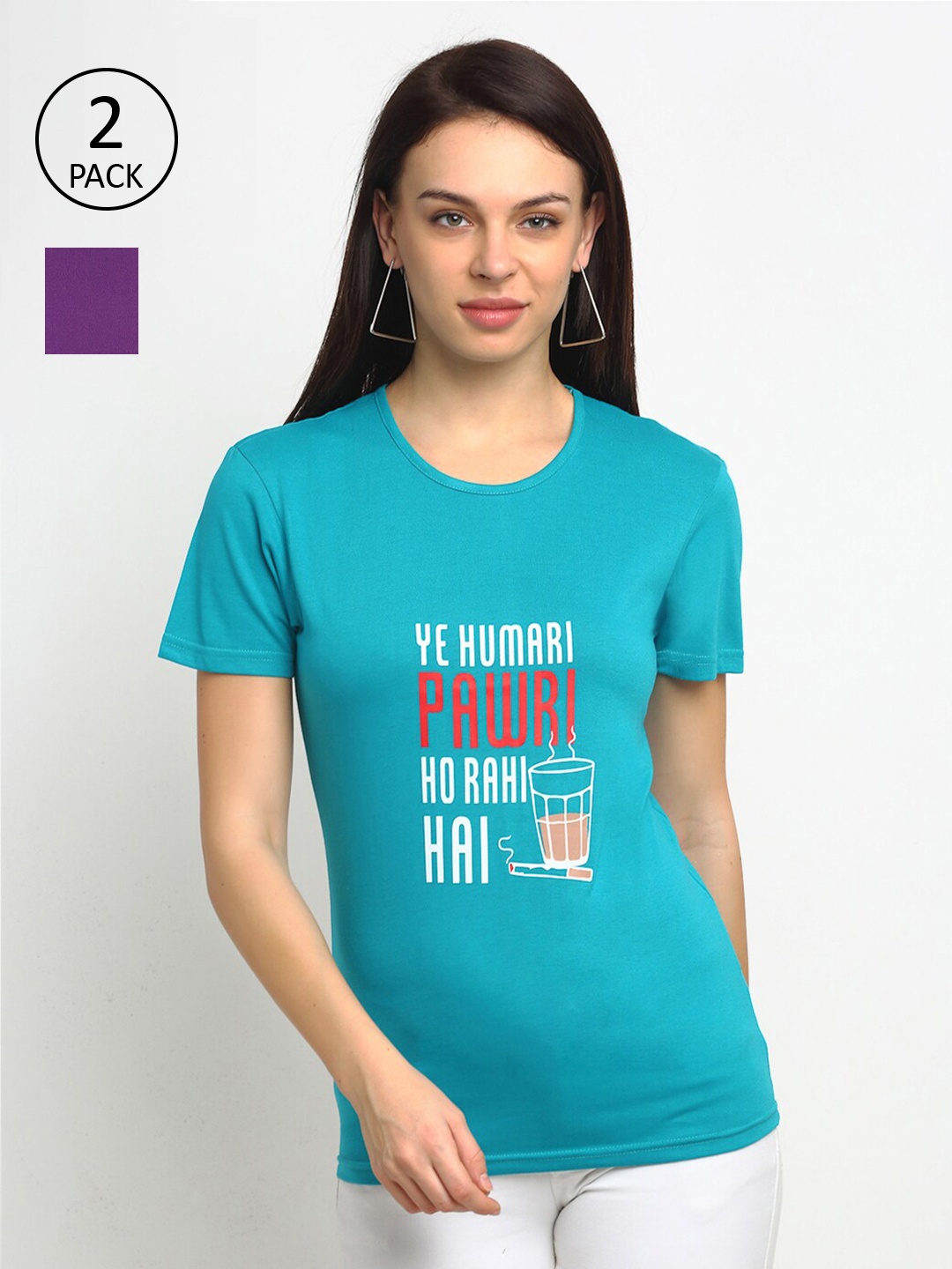 MACK JONNEY Women Pack Of 2 Purple & Blue Typography Printed T-shirt