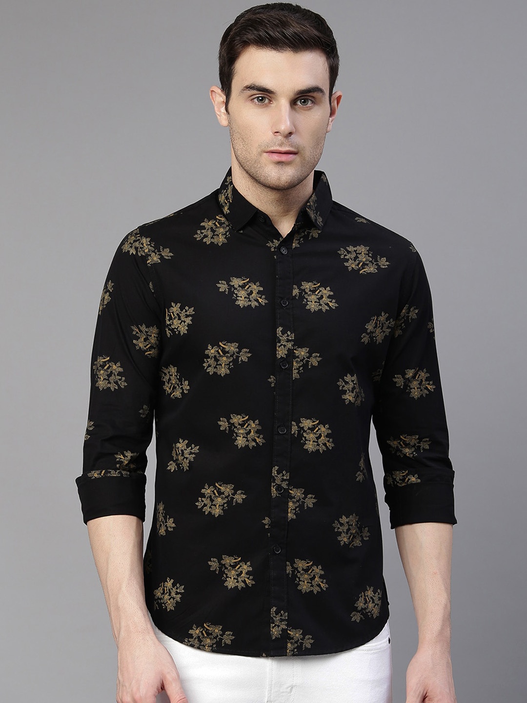 

Dennis Lingo Men Black Floral Printed Slim Fit Cotton Casual Shirt
