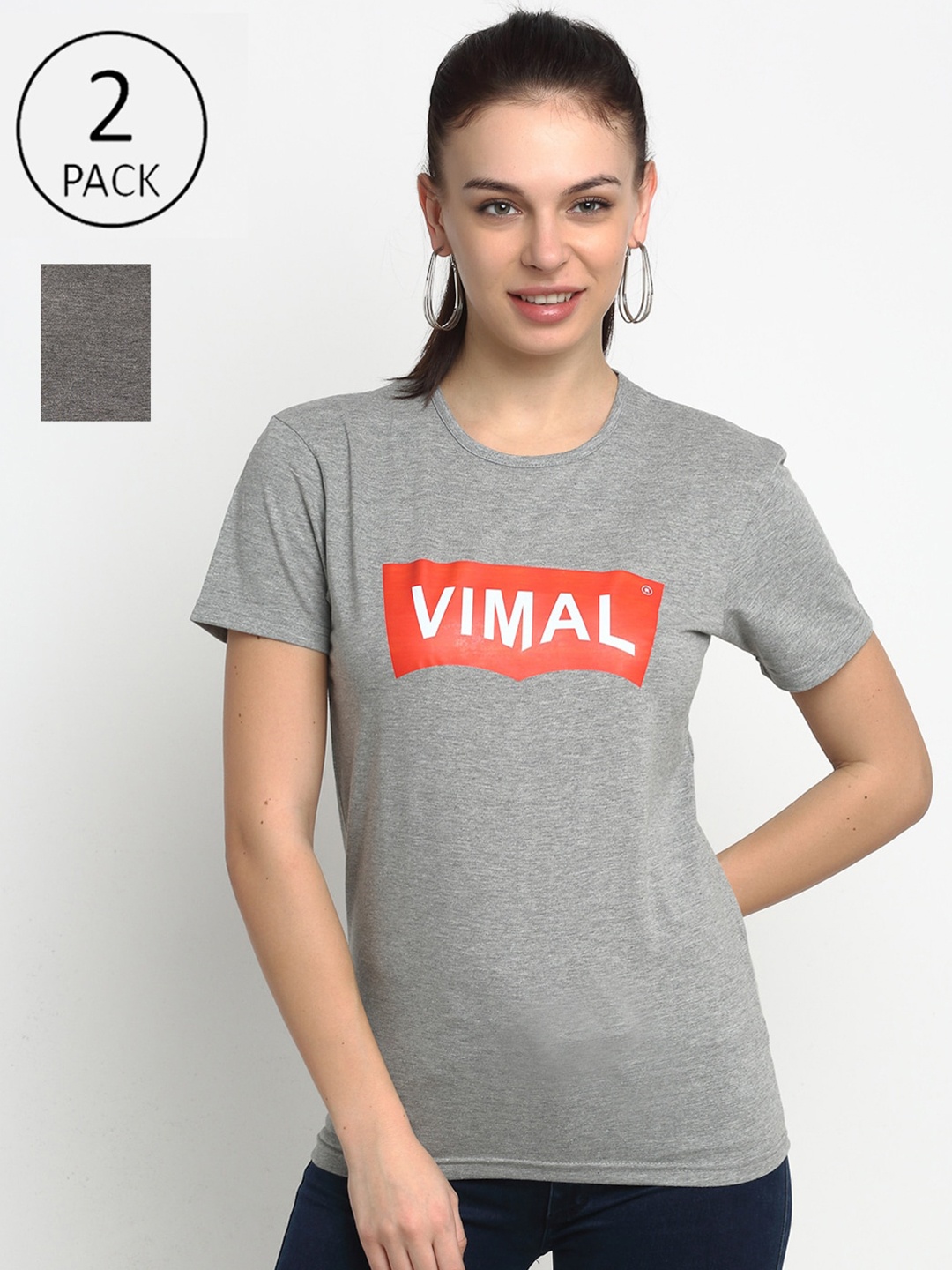 

VIMAL JONNEY Women Pack of 2 Grey & Grey Melange Typography Printed T-shirt