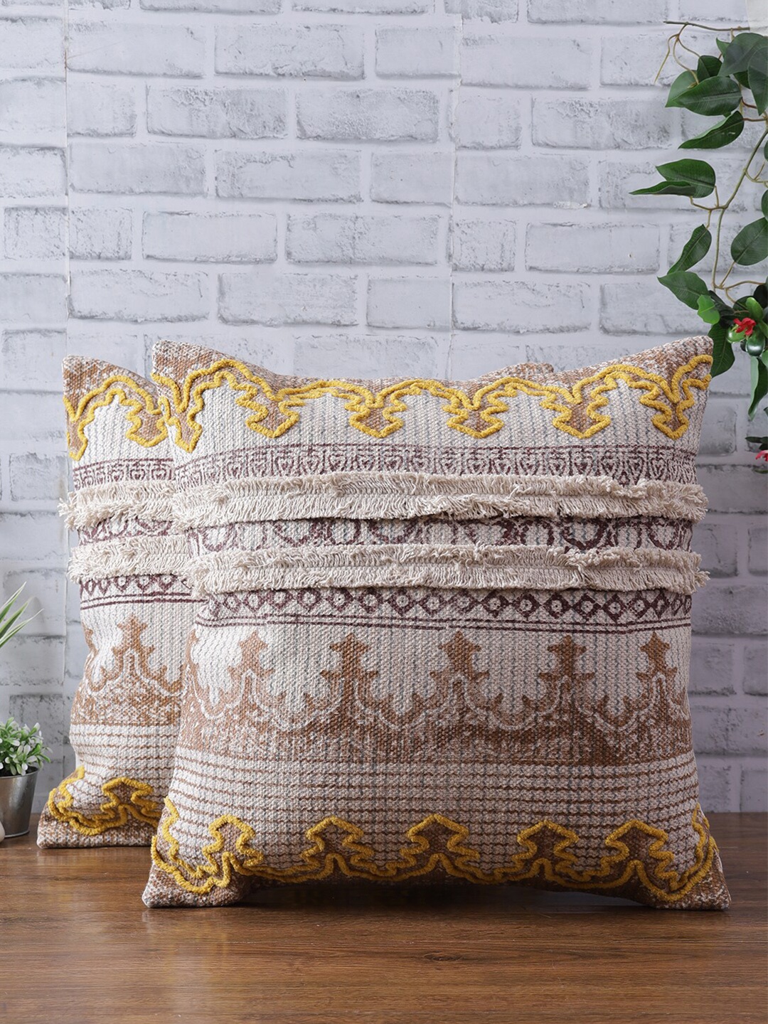 

eyda Set Of 2 Off White & Yellow Ethnic Motifs Square Cushion Covers