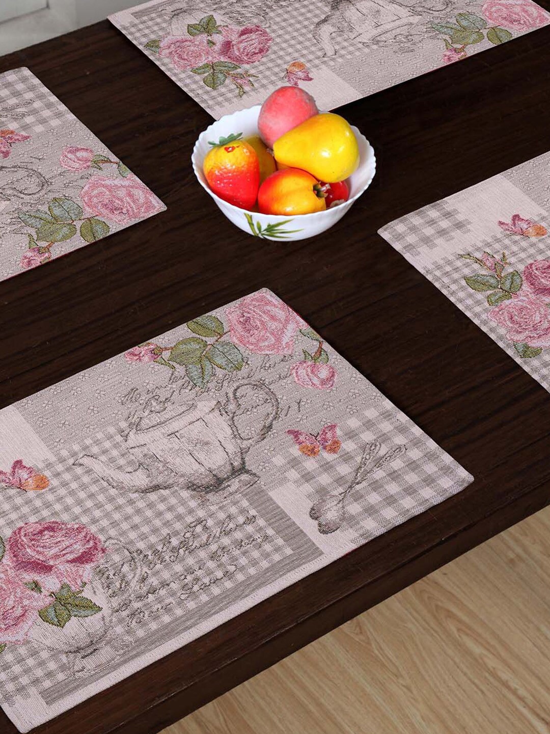 

AVI Living Set Of 4 Pink & Grey Floral Jaquard Woven Rectangle Table Placemats