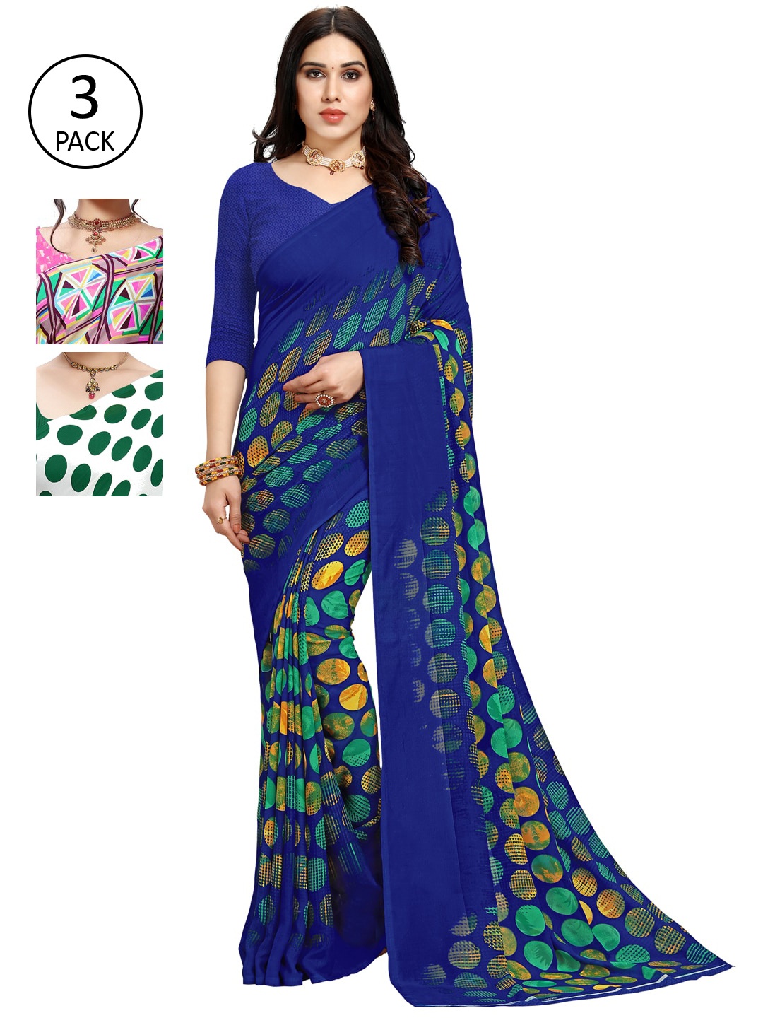 

KALINI Pink & Blue Pack of 3 Printed Sarees