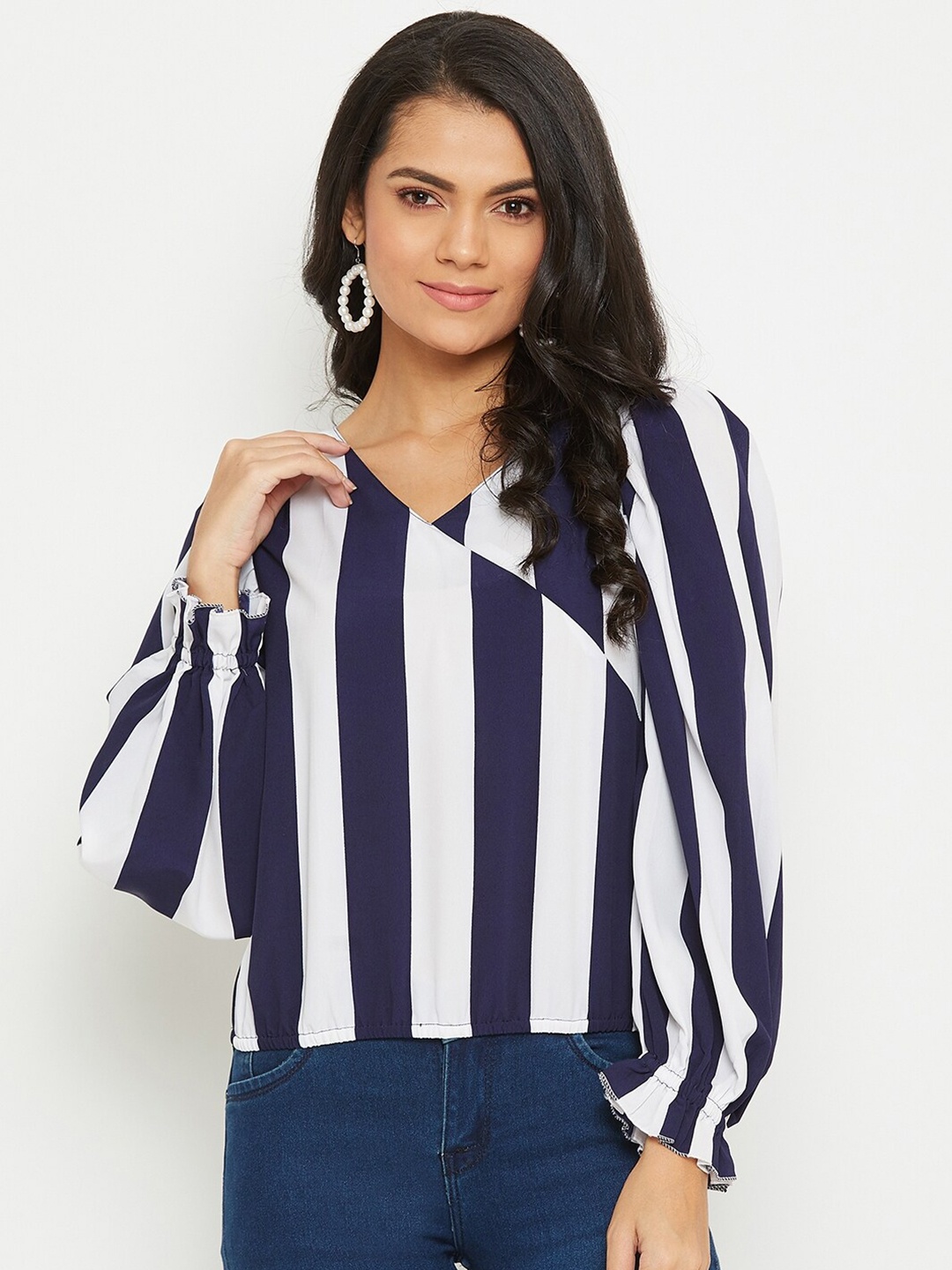 

PANIT Women Navy Blue Striped Puff Sleeve Crepe Regular Top