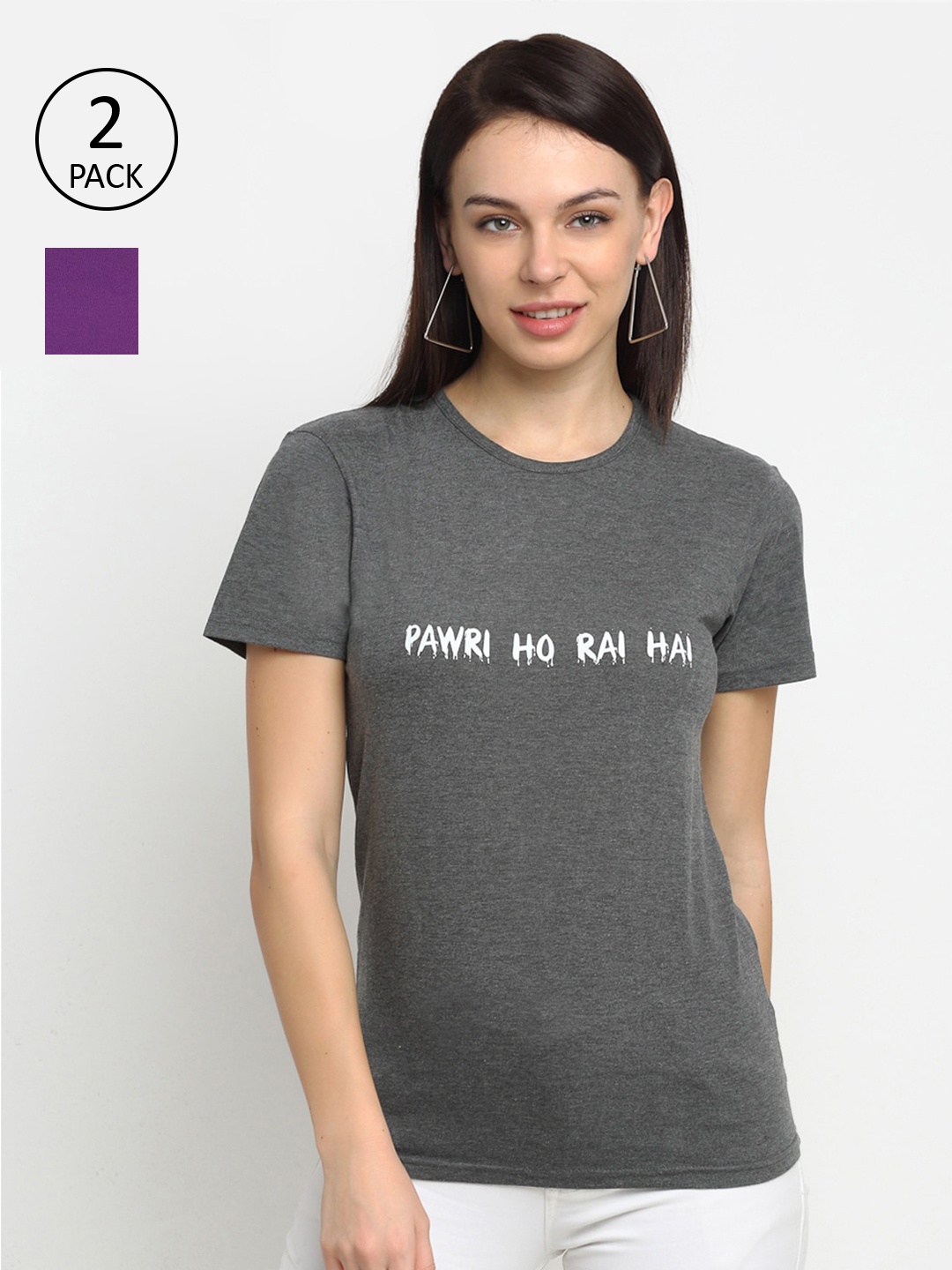 

VIMAL JONNEY Women Grey & Purple Set of 2 Typography Printed T-shirt