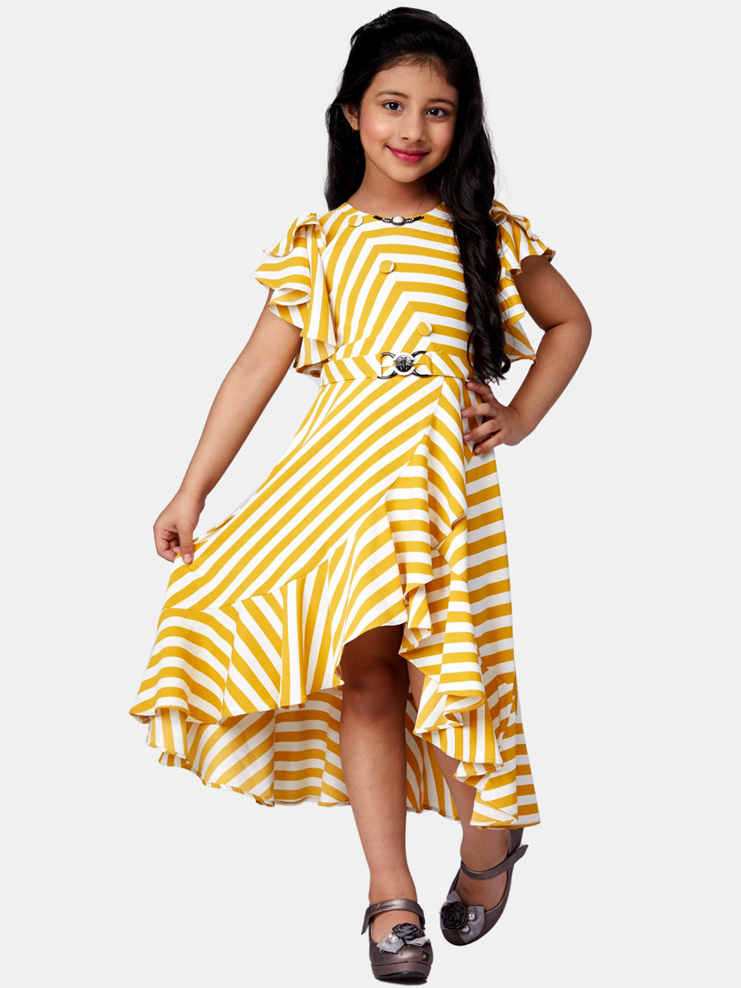 

Peppermint Mustard Yellow & White Striped Satin High-Low Hem Fit & Flare Dress
