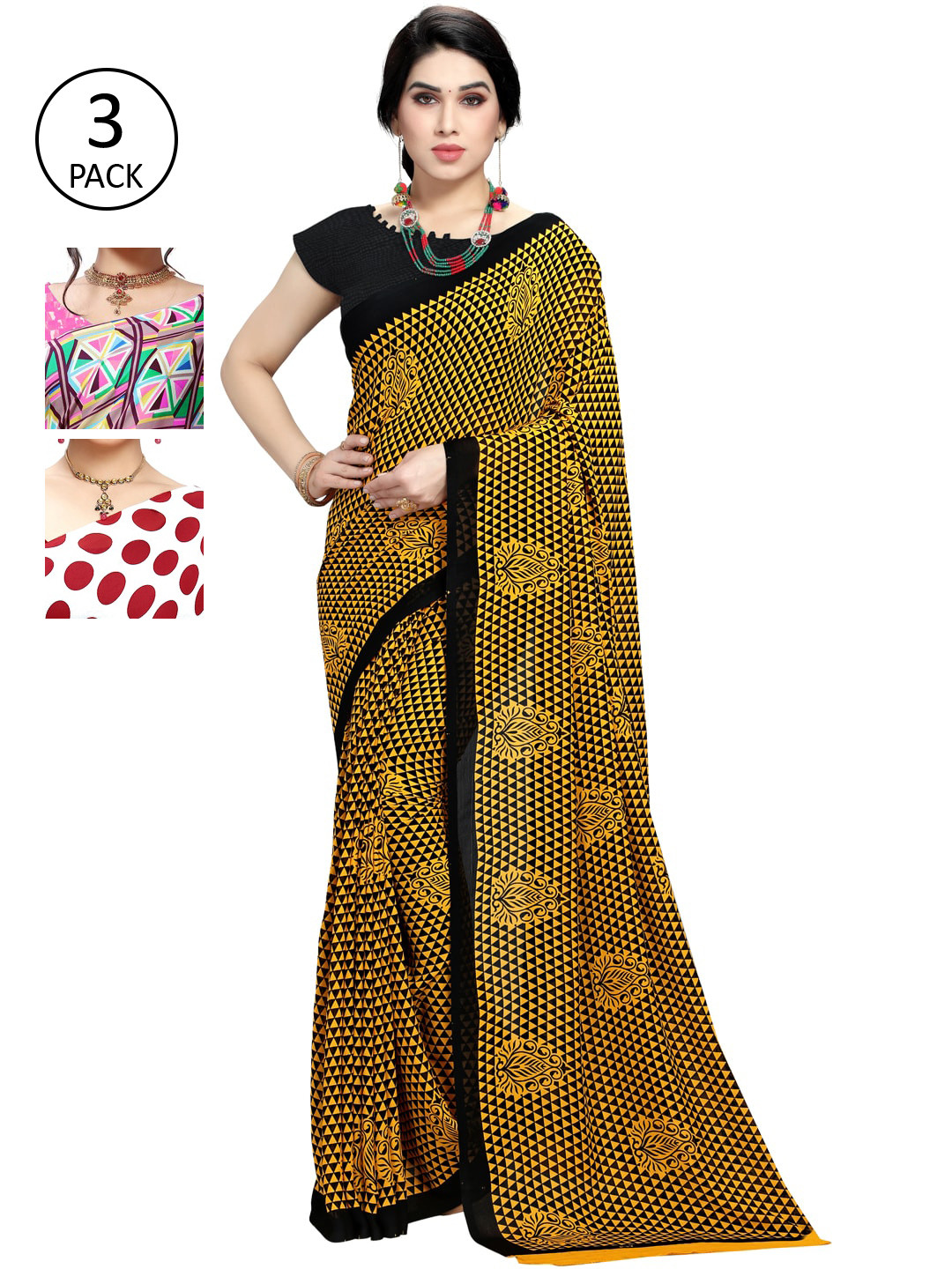 

KALINI Pack of 3 Printed Poly Georgette Saree, Multi